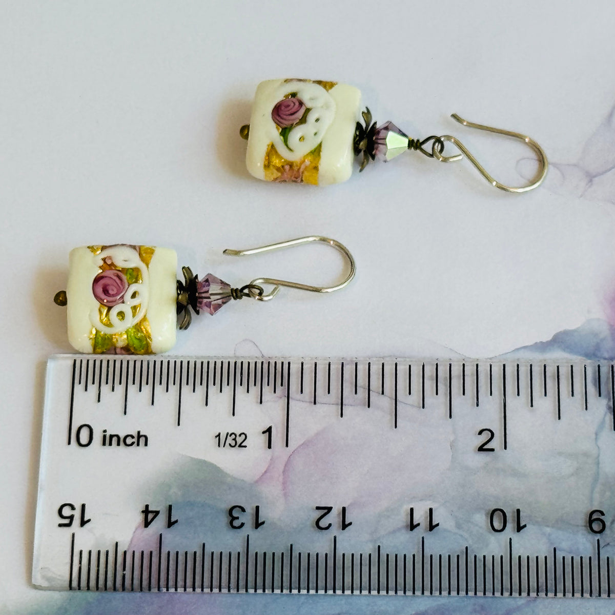 Square Murano White Wedding Cake Earrings in Sterling Silver