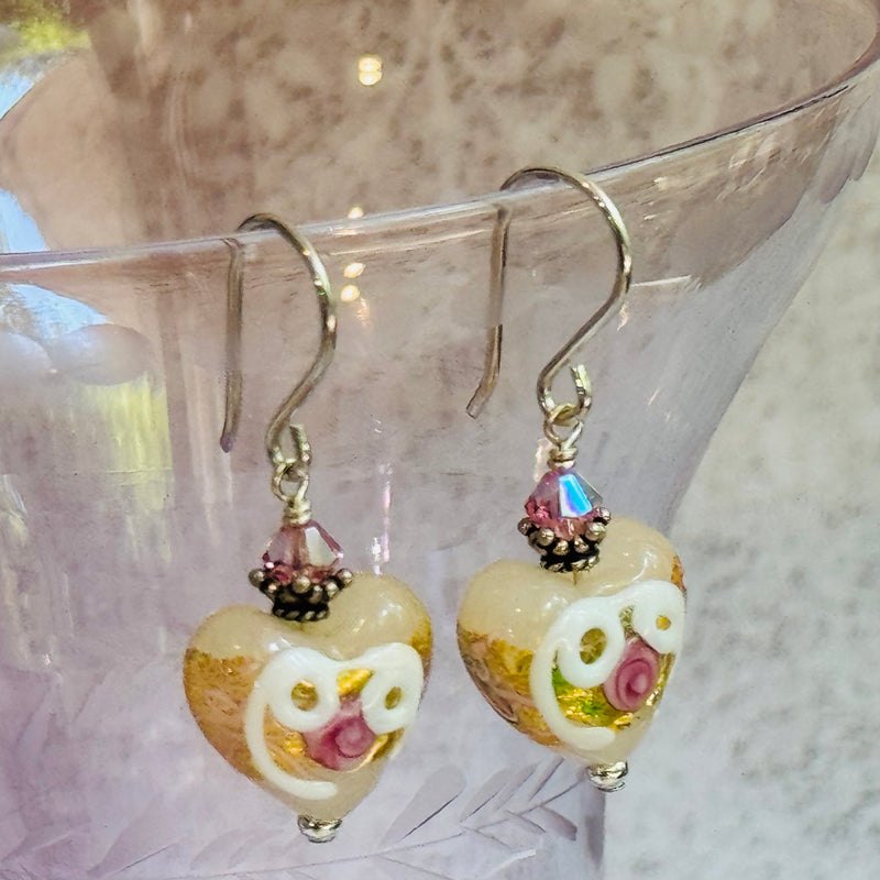 White Wedding Cake Heart Bead Earrings in Sterling Silver