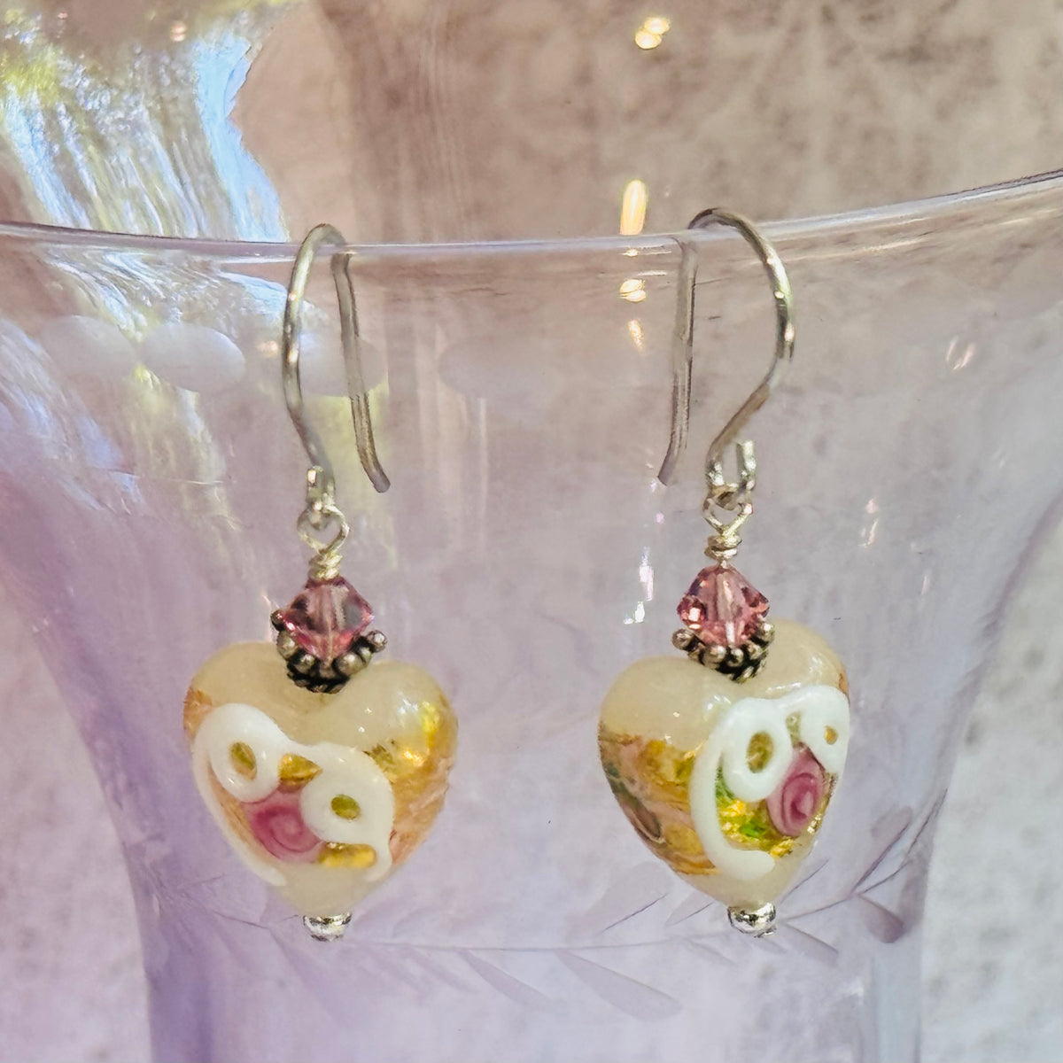 White Wedding Cake Heart Bead Earrings in Sterling Silver