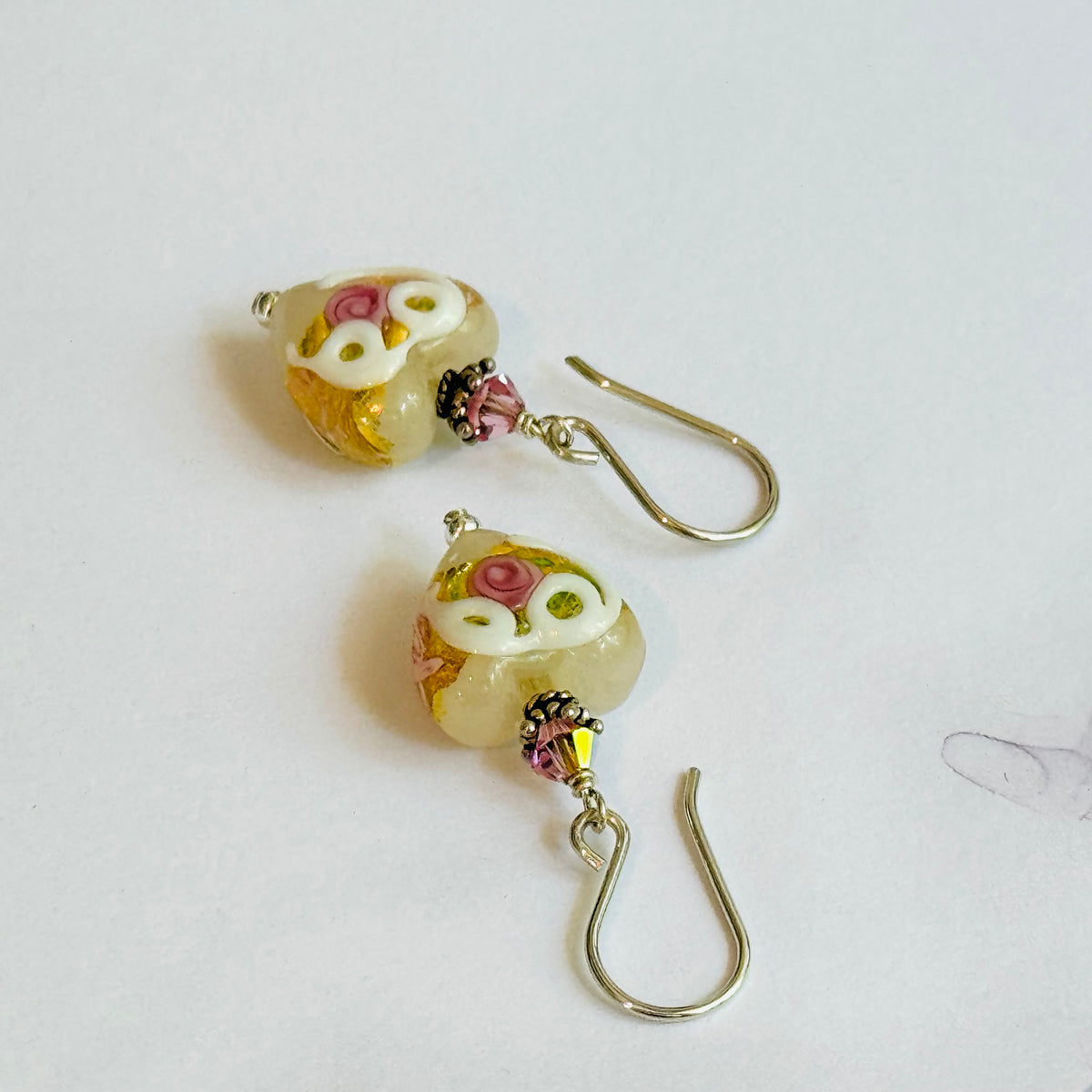 White Wedding Cake Heart Bead Earrings in Sterling Silver