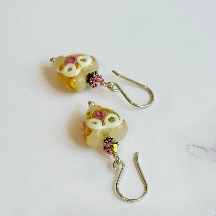 White Wedding Cake Heart Bead Earrings in Sterling Silver