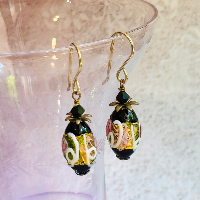 Black Oval Venetian Wedding Cake Earrings in Gold Fill