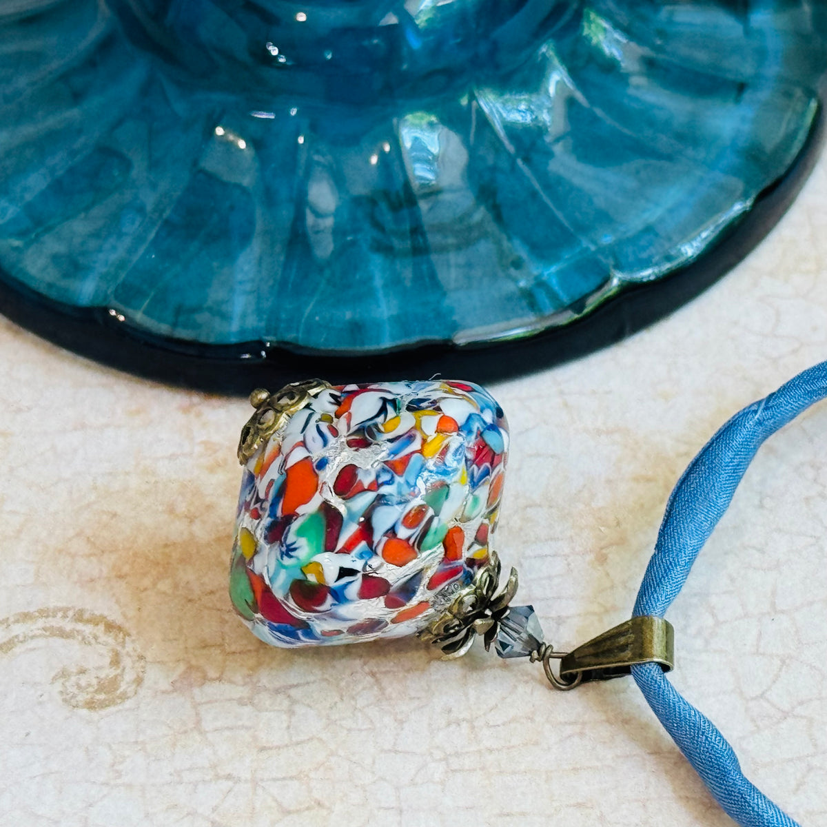 Handmade Klimt Venetian Bicone Pendant on Silk Cord.