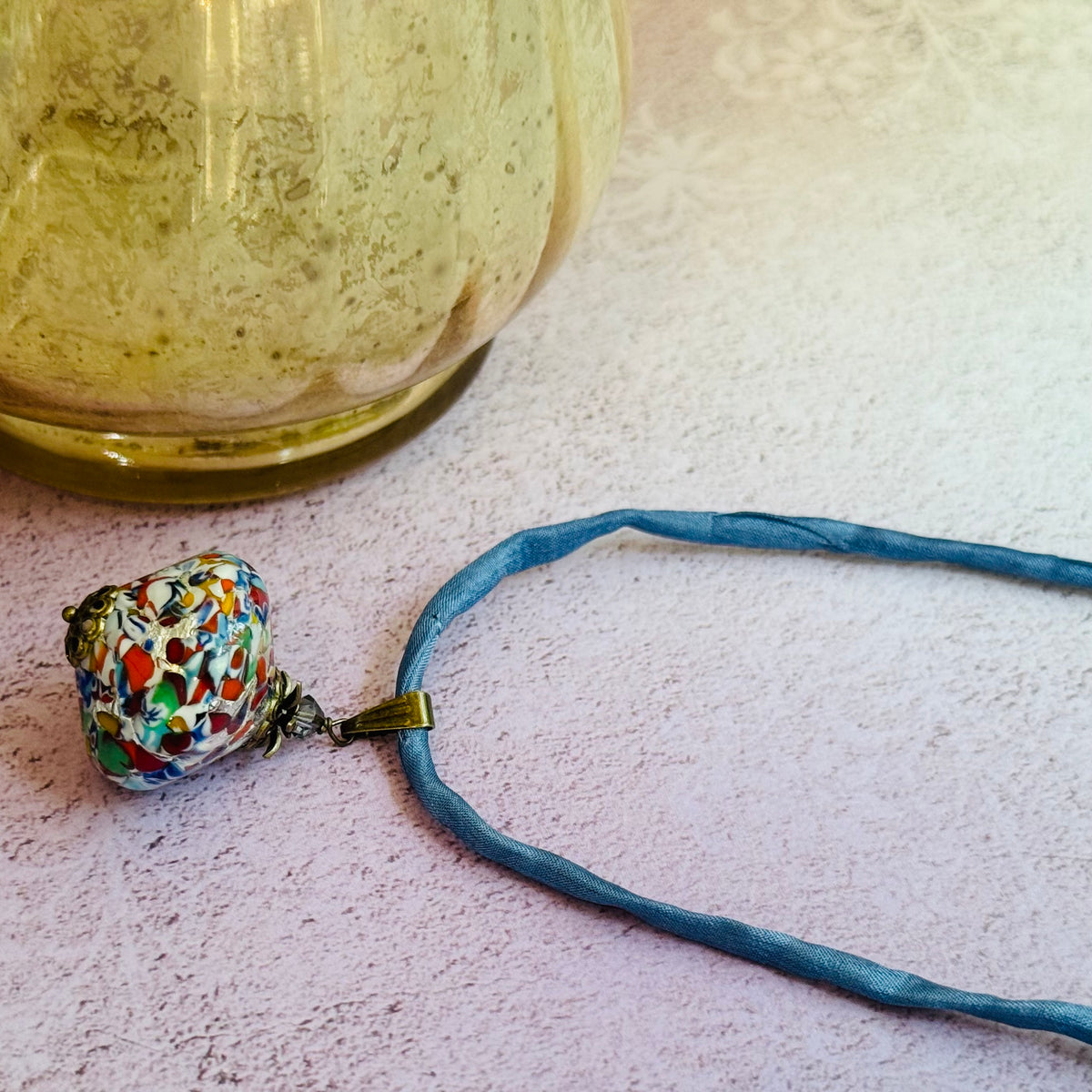 Handmade Klimt Venetian Bicone Pendant on Silk Cord.
