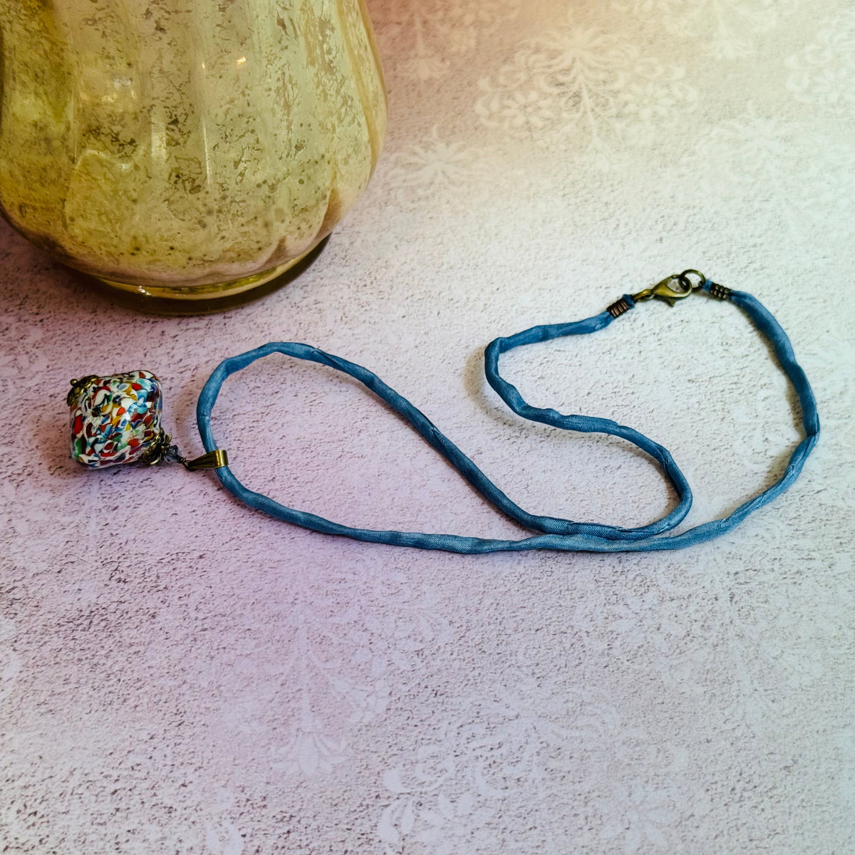 Handmade Klimt Venetian Bicone Pendant on Silk Cord.
