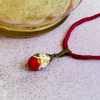 Red Oval Wedding Cake Necklace on Red Silk Cord