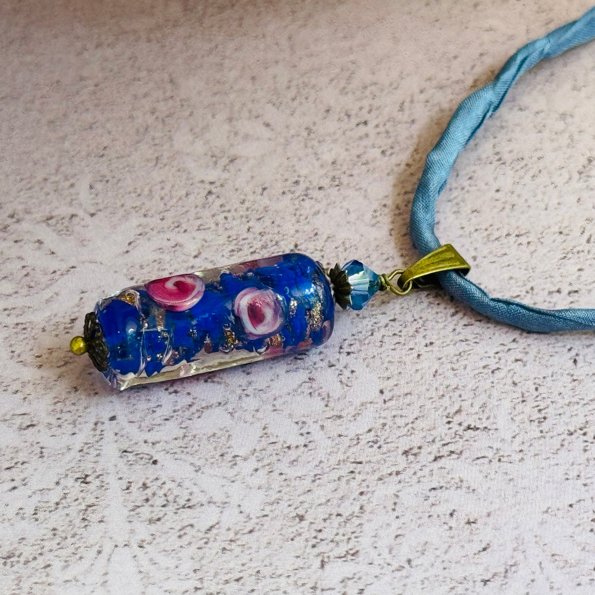 Blue Murano Glass Tube Bead Pendant on Silk