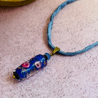 Blue Murano Glass Tube Bead Pendant on Silk