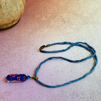 Blue Murano Glass Tube Bead Pendant on Silk
