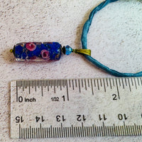 Blue Murano Glass Tube Bead Pendant on Silk