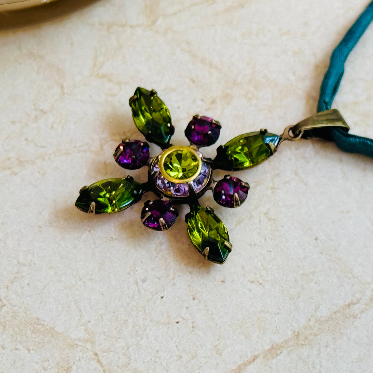 Green and Purple Swarovski Crystal Starburst Pendant Necklace on Green Silk Cord