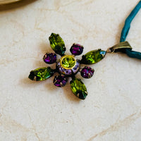 Green and Purple Swarovski Crystal Starburst Pendant Necklace on Green Silk Cord