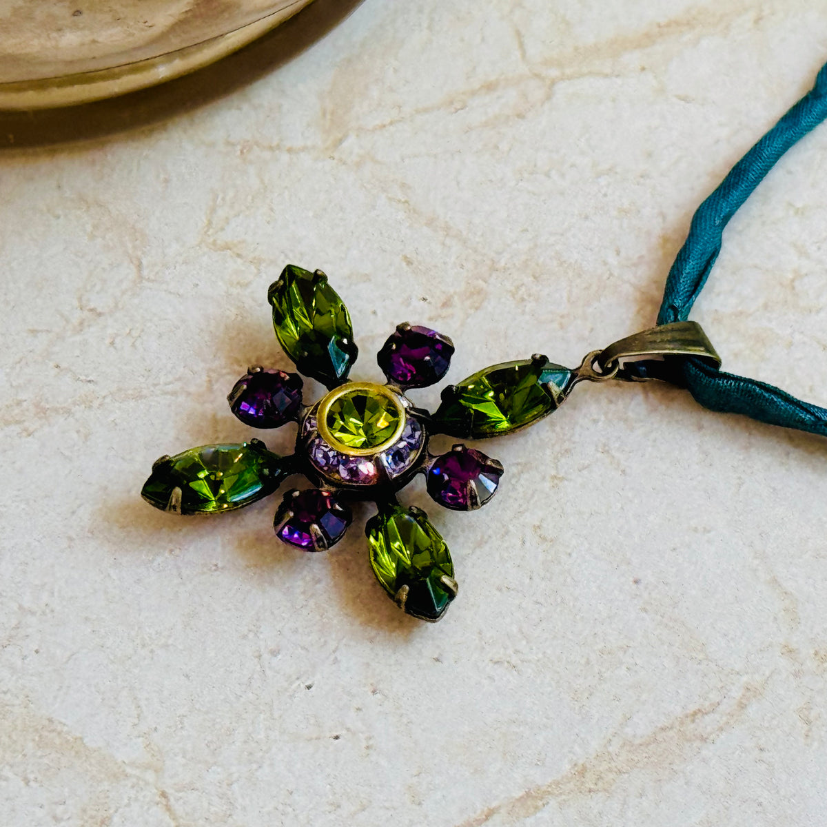 Green and Purple Swarovski Crystal Starburst Pendant Necklace on Green Silk Cord