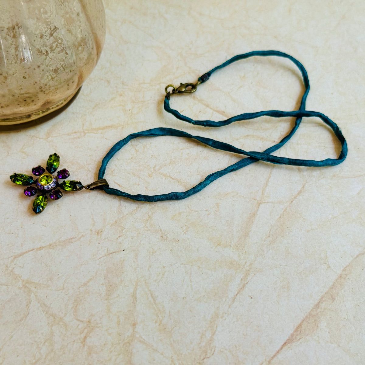 Green and Purple Swarovski Crystal Starburst Pendant Necklace on Green Silk Cord