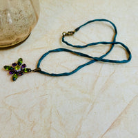 Green and Purple Swarovski Crystal Starburst Pendant Necklace on Green Silk Cord