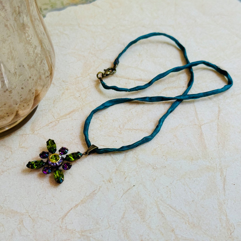 Green and Purple Swarovski Crystal Starburst Pendant Necklace on Green Silk Cord