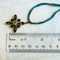 Green and Purple Swarovski Crystal Starburst Pendant Necklace on Green Silk Cord