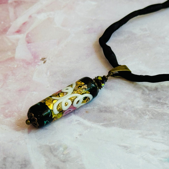 Black Wedding Cake Cylinder Pendant Necklace on Silk Cord
