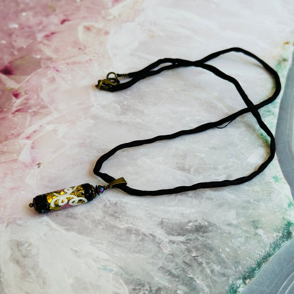 Black Wedding Cake Cylinder Pendant Necklace on Silk Cord