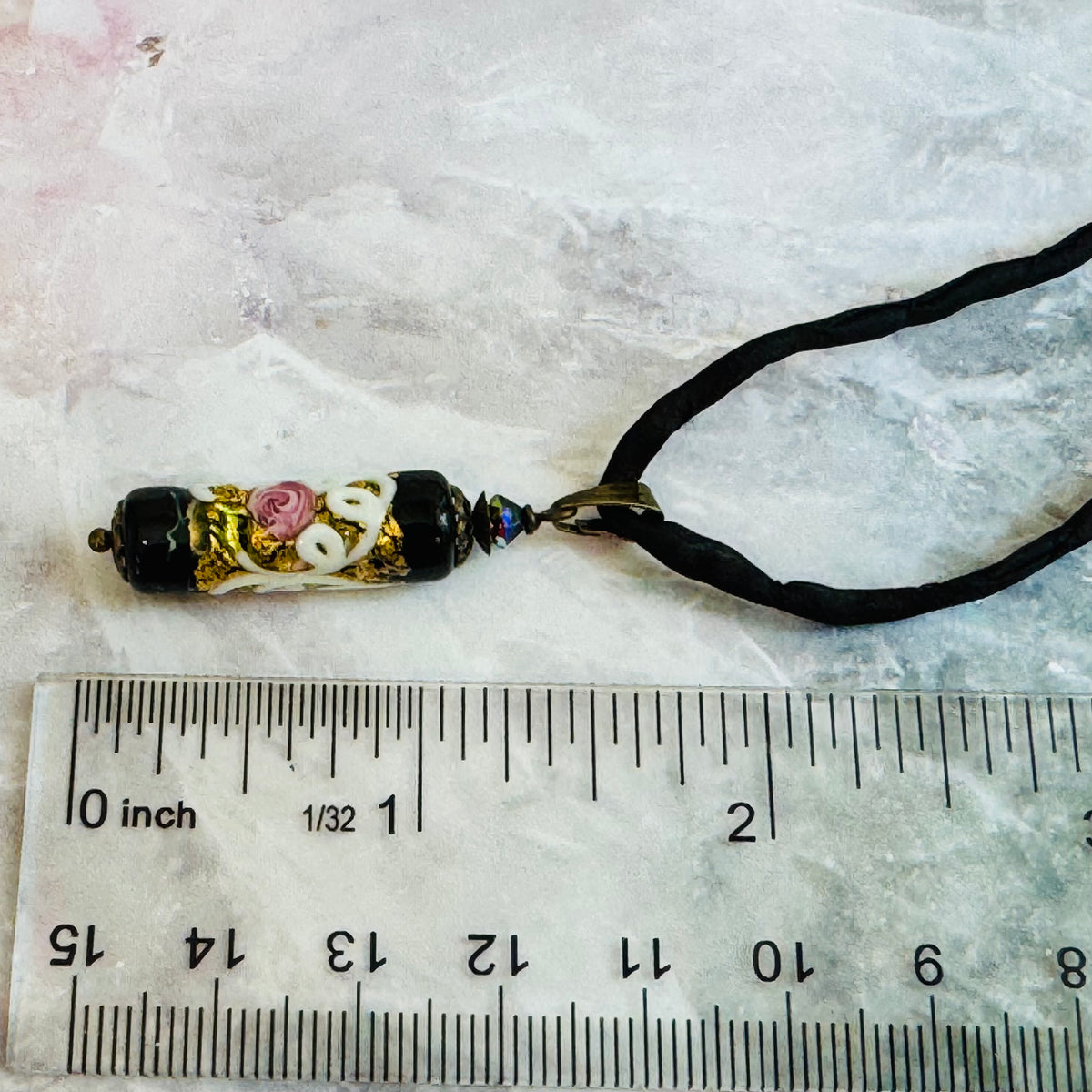 Black Wedding Cake Cylinder Pendant Necklace on Silk Cord