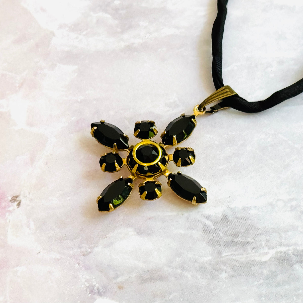 Black Swarovski Crystal Starburst Pendant Necklace on Silk Cord