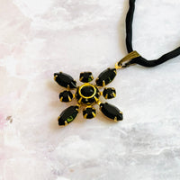 Black Swarovski Crystal Starburst Pendant Necklace on Silk Cord