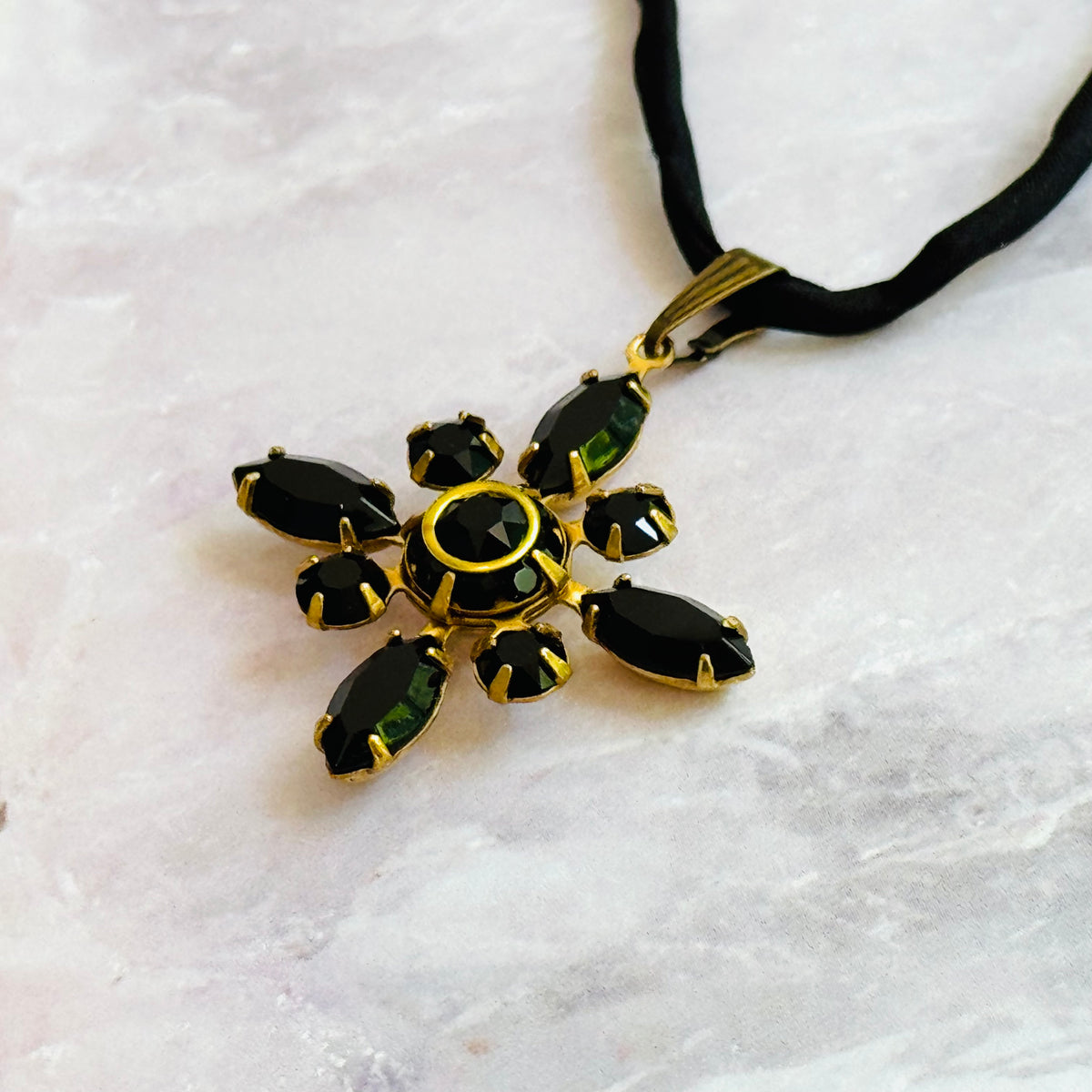 Black Swarovski Crystal Starburst Pendant Necklace on Silk Cord