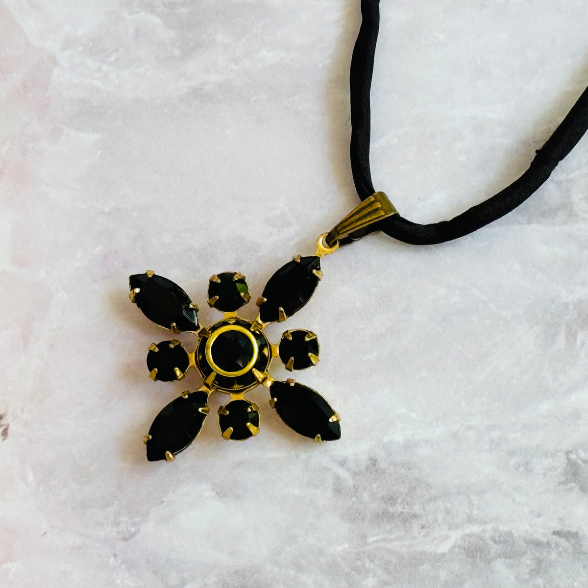 Black Swarovski Crystal Starburst Pendant Necklace on Silk Cord
