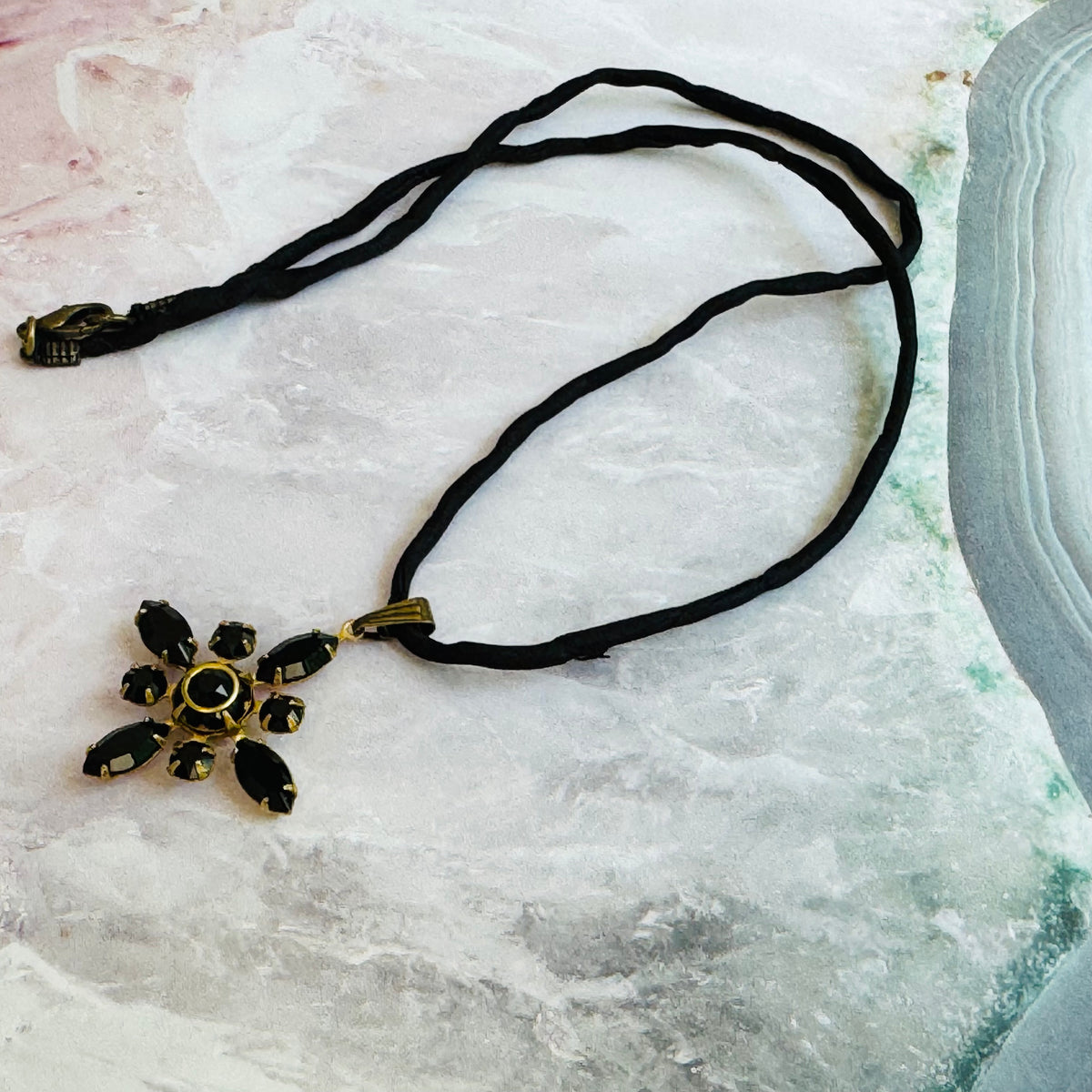 Black Swarovski Crystal Starburst Pendant Necklace on Silk Cord