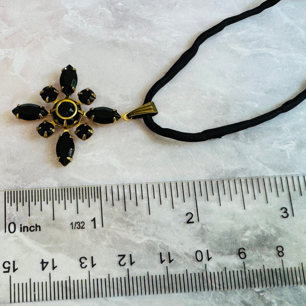 Black Swarovski Crystal Starburst Pendant Necklace on Silk Cord