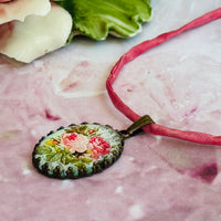 Vintage Style Pink Floral Cabochon Necklace
