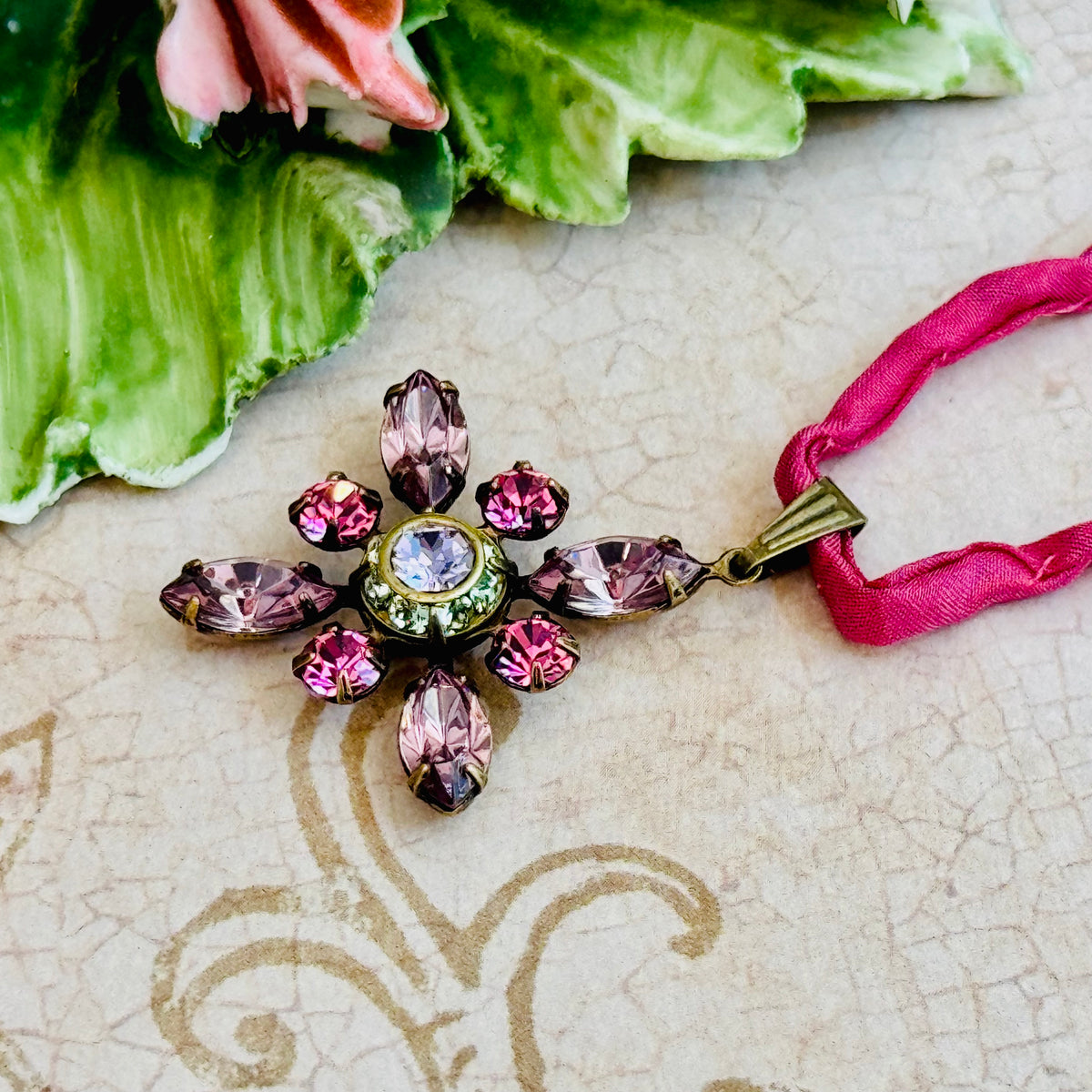 Pink Swarovski Crystal Starburst Pendant Necklace on Rose Silk Cord
