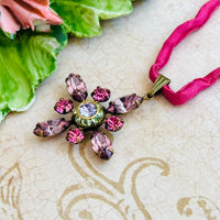 Pink Swarovski Crystal Starburst Pendant Necklace on Rose Silk Cord