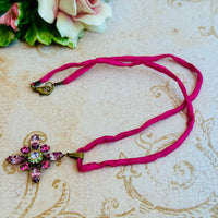 Pink Swarovski Crystal Starburst Pendant Necklace on Rose Silk Cord