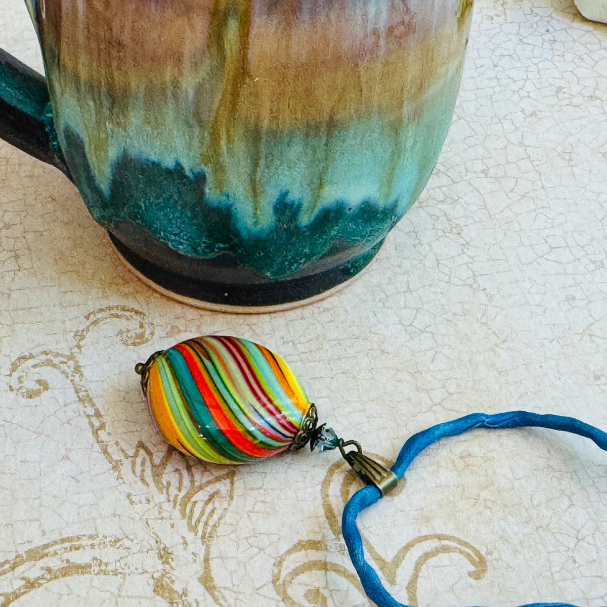 Murano Carnevale Blown Glass Coin Pendant on Silk Cord