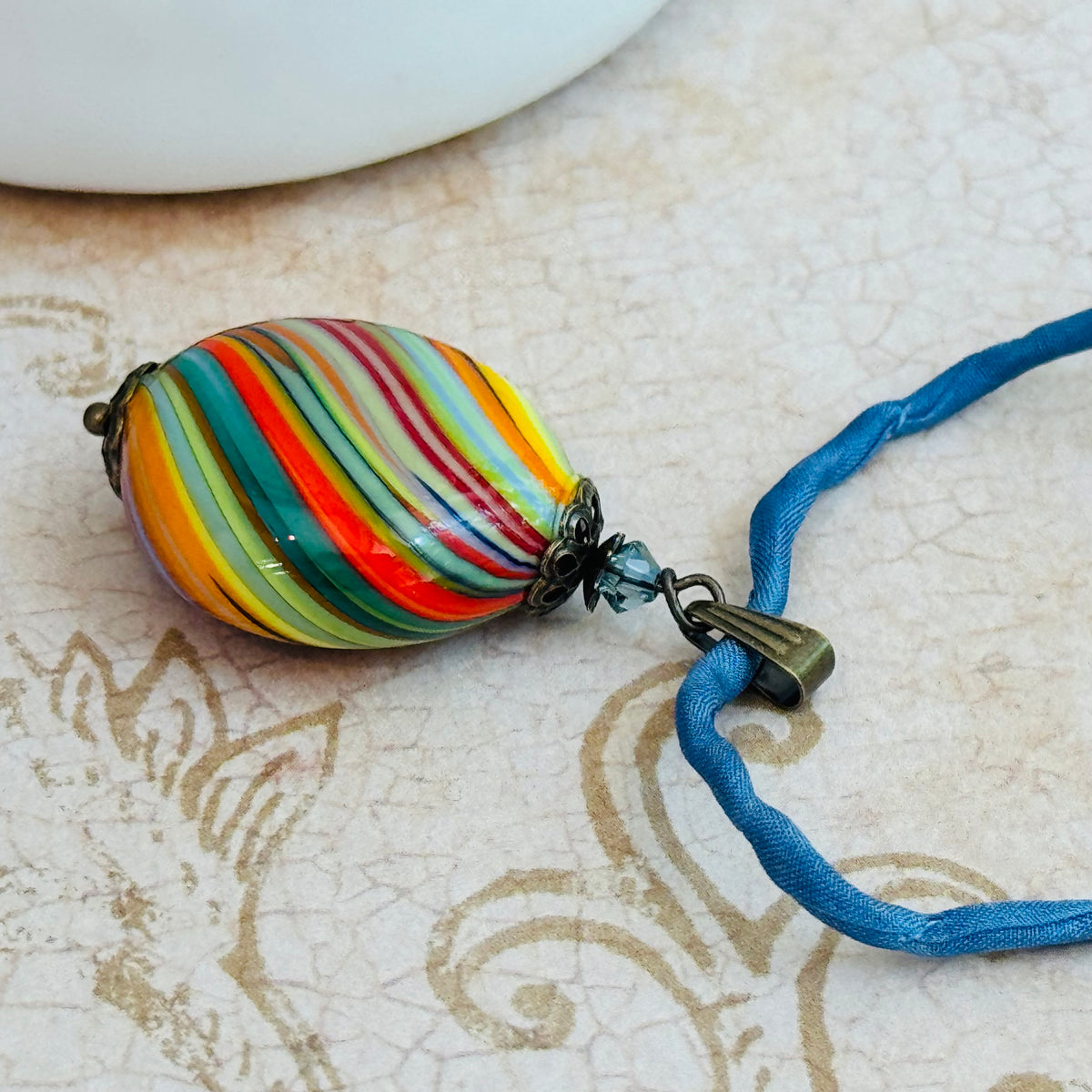 Murano Carnevale Blown Glass Coin Pendant on Silk Cord