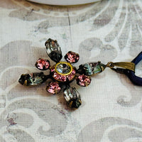 Pink and Gray Swarovski Crystal Starburst Pendant Necklace on Dark Gray Silk Cord