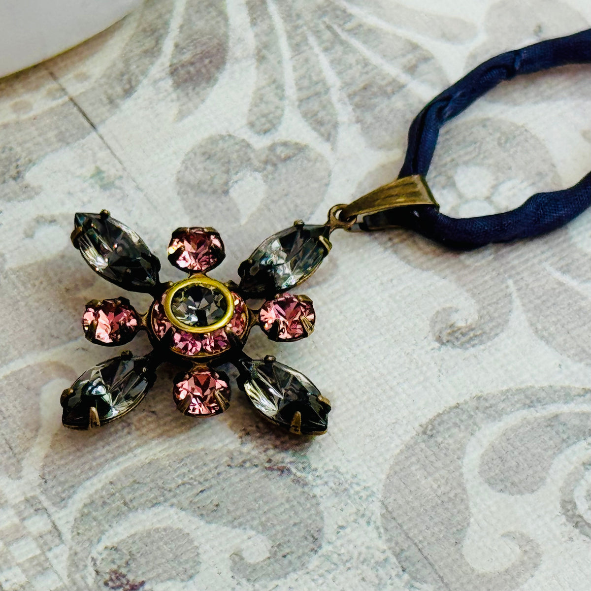 Pink and Gray Swarovski Crystal Starburst Pendant Necklace on Dark Gray Silk Cord