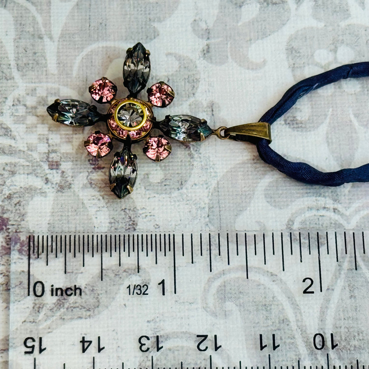 Pink and Gray Swarovski Crystal Starburst Pendant Necklace on Dark Gray Silk Cord