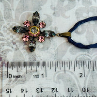 Pink and Gray Swarovski Crystal Starburst Pendant Necklace on Dark Gray Silk Cord