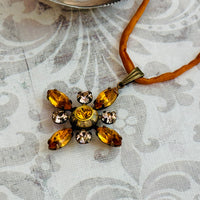 Gold Swarovski Crystal Starburst Pendant Necklace on Gold Silk Cord