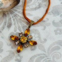 Gold Swarovski Crystal Starburst Pendant Necklace on Gold Silk Cord