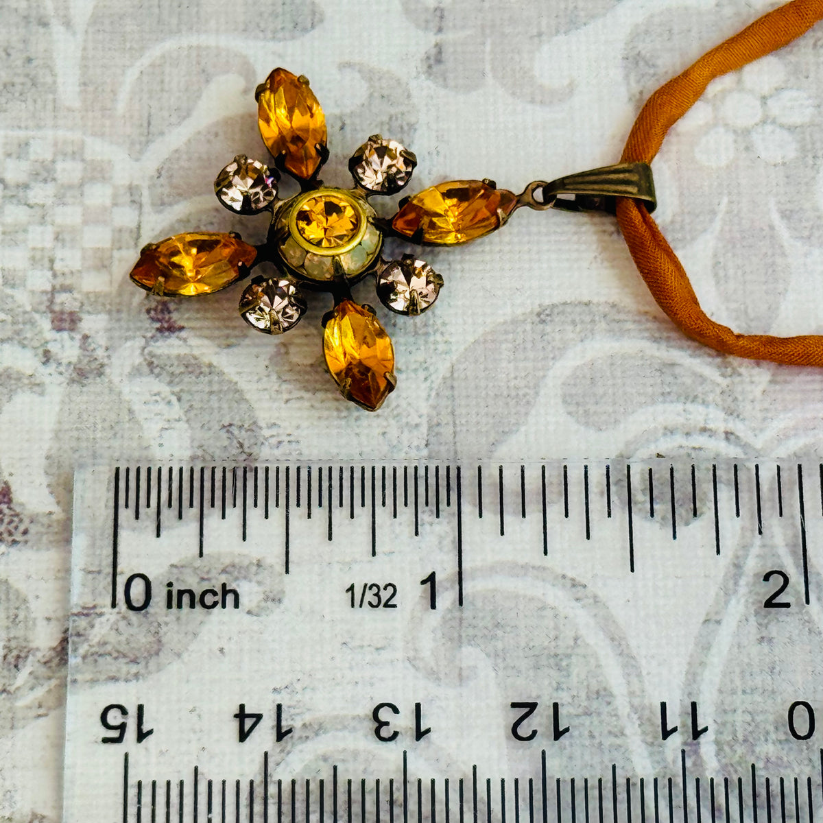 Gold Swarovski Crystal Starburst Pendant Necklace on Gold Silk Cord