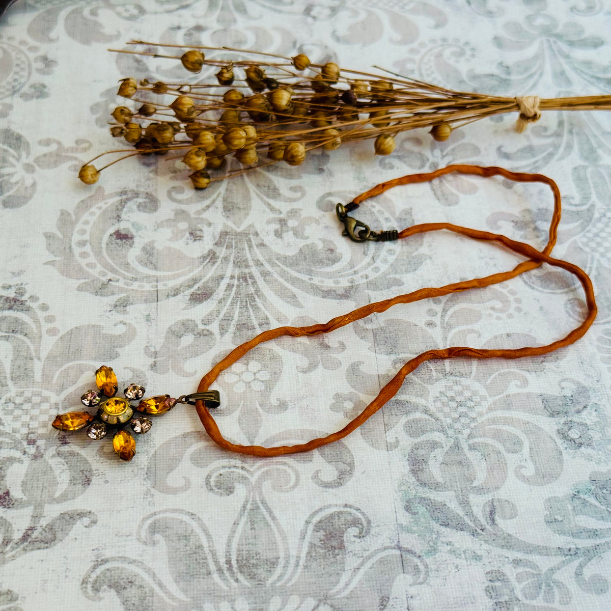 Gold Swarovski Crystal Starburst Pendant Necklace on Gold Silk Cord