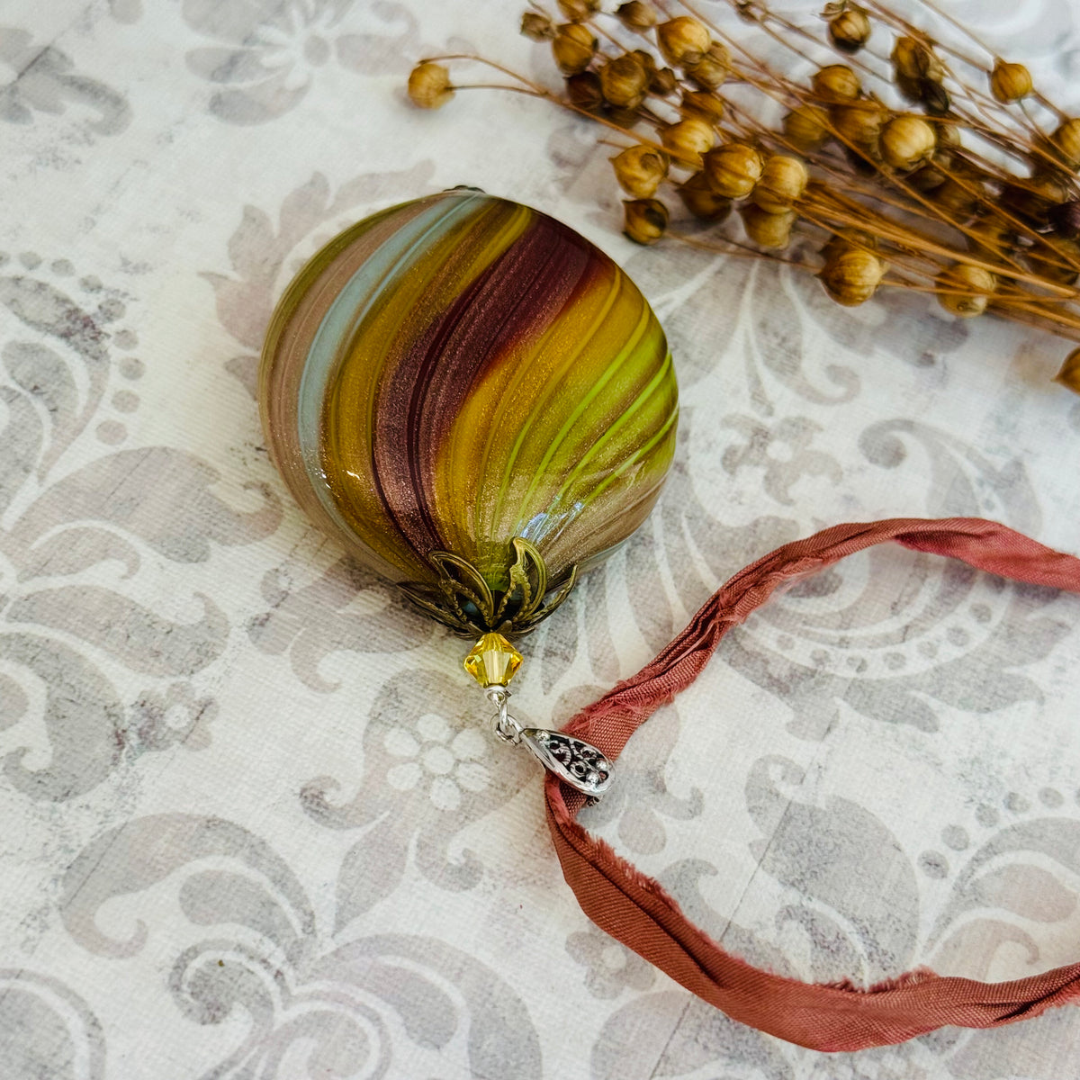 Huge Autumn Blown Murano Glass Necklace on Sari Silk Cord