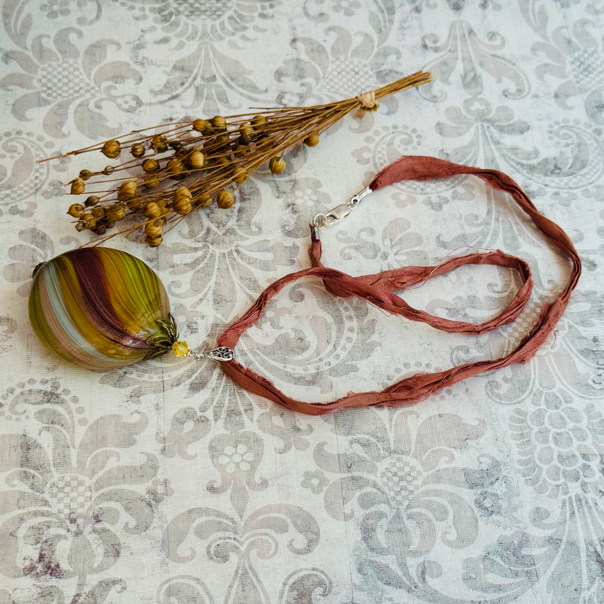 Huge Autumn Blown Murano Glass Necklace on Sari Silk Cord