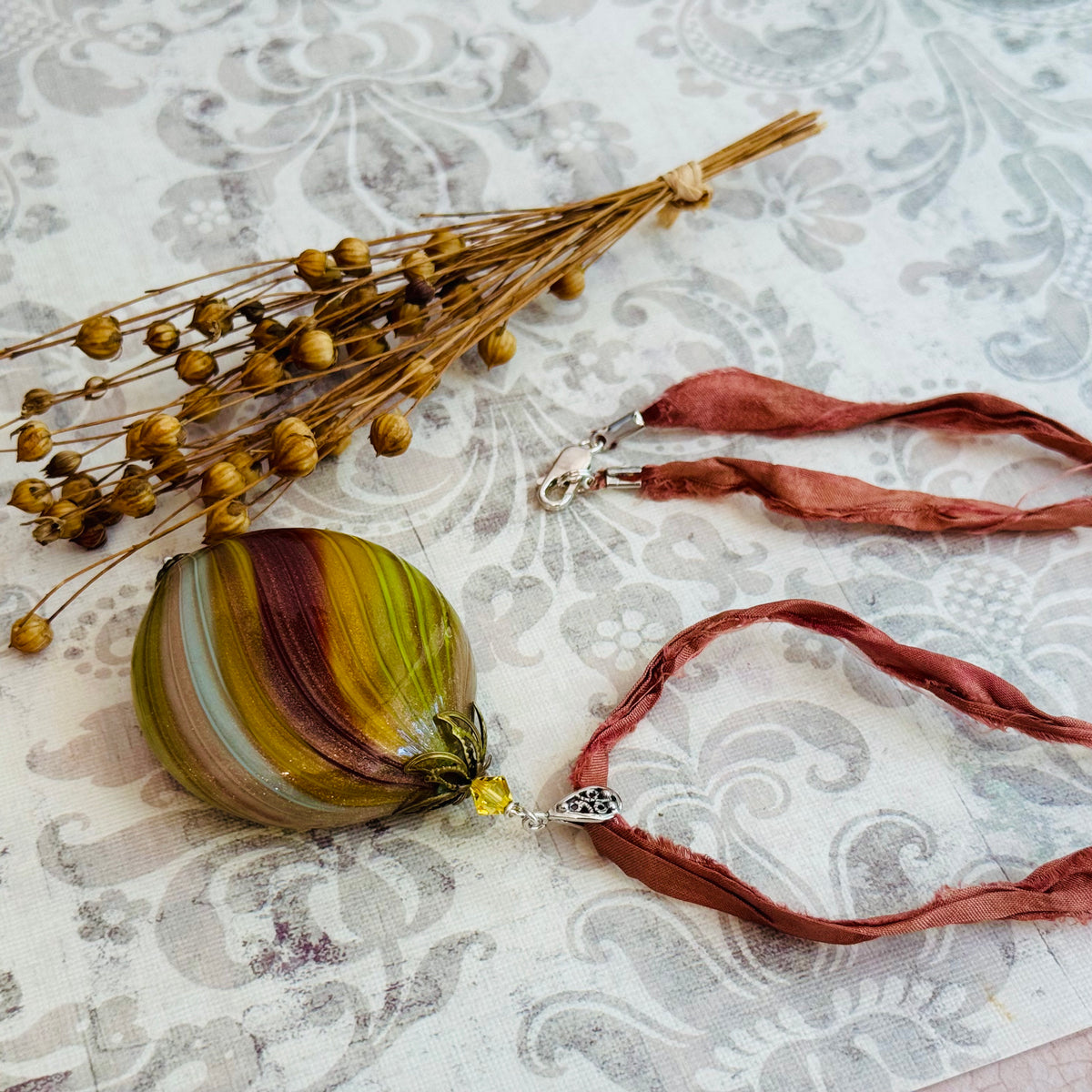 Huge Autumn Blown Murano Glass Necklace on Sari Silk Cord