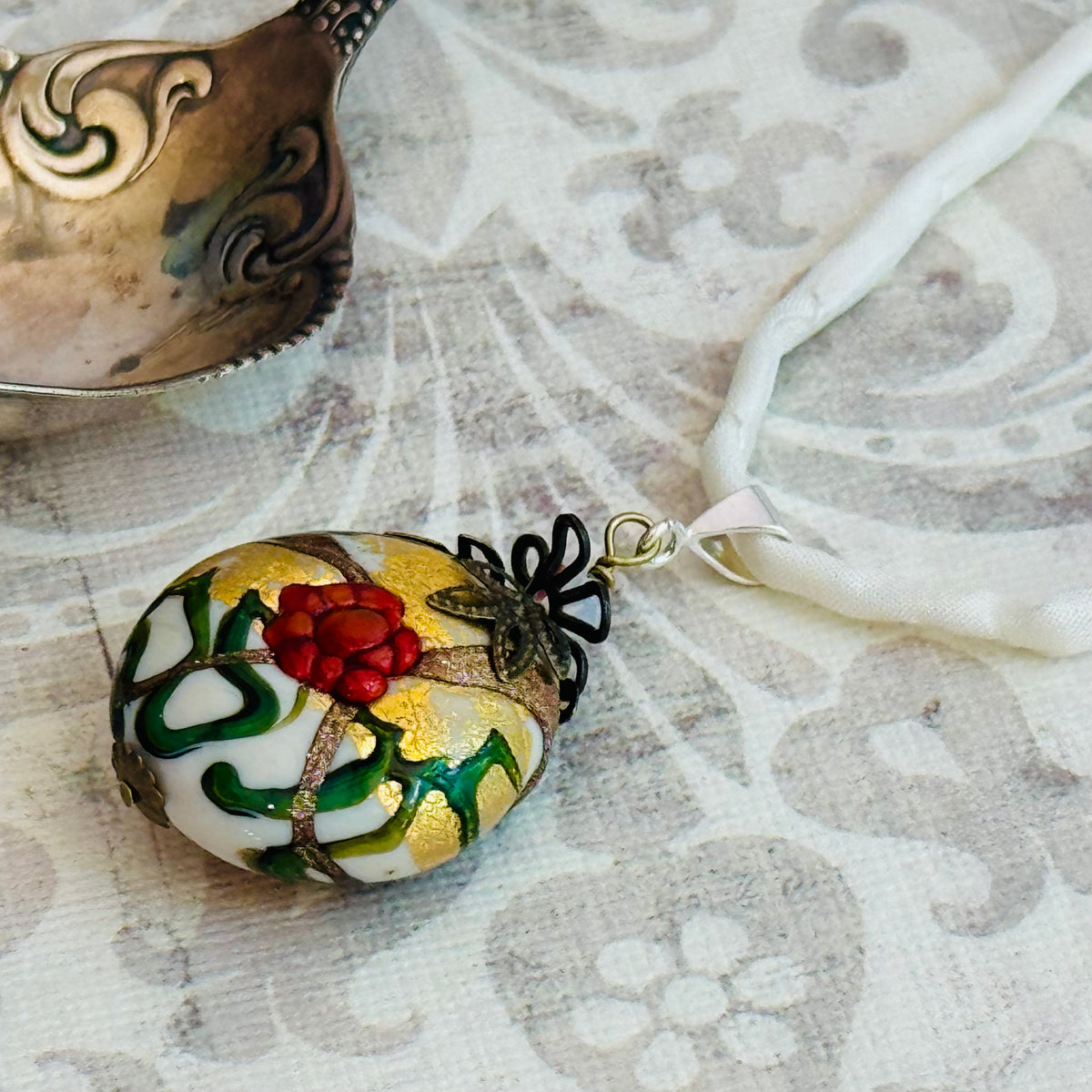 Murano Glass Peony Pendant Necklace on Silk