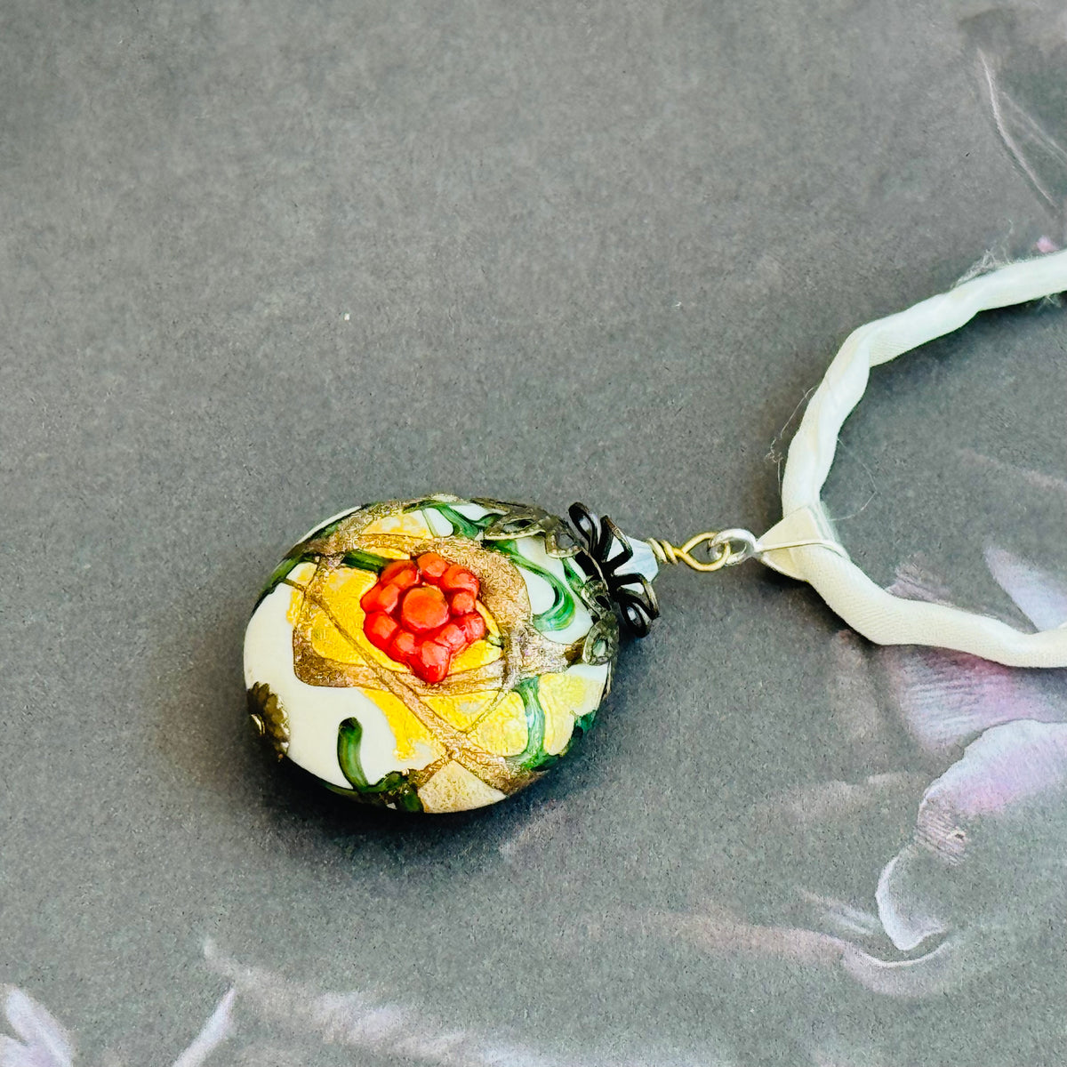 Murano Glass Peony Pendant Necklace on Silk