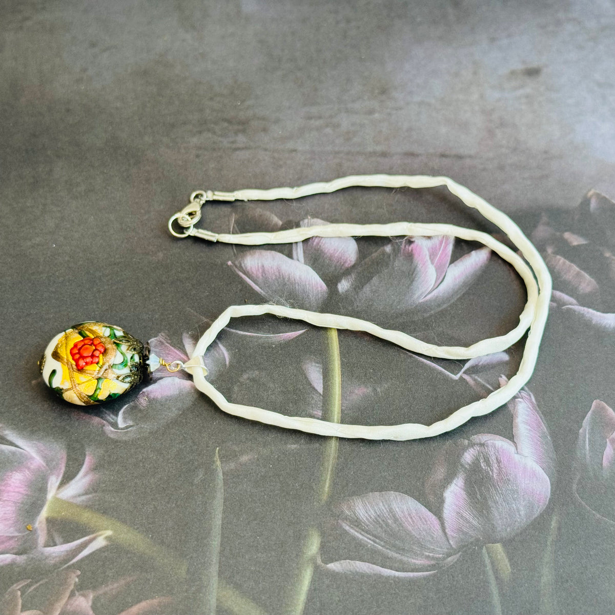 Murano Glass Peony Pendant Necklace on Silk